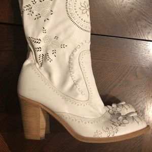 Anna Sui Women's Slouchy Embroidered White Boots